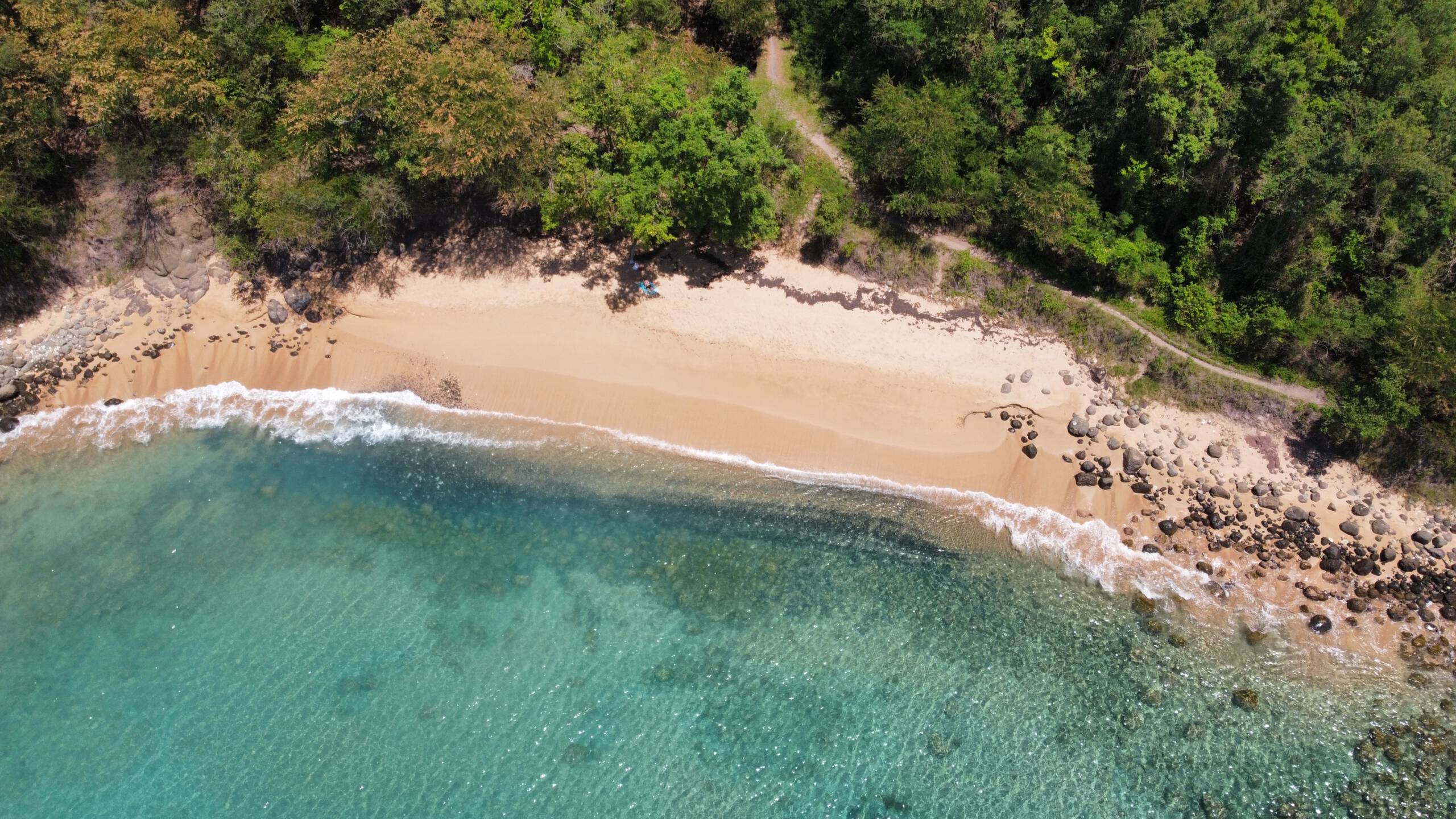 Photo prise en drone d'une plage paradisiaque avec une eau transparente et une plage de sable fin sans personnne en Guadeloupe