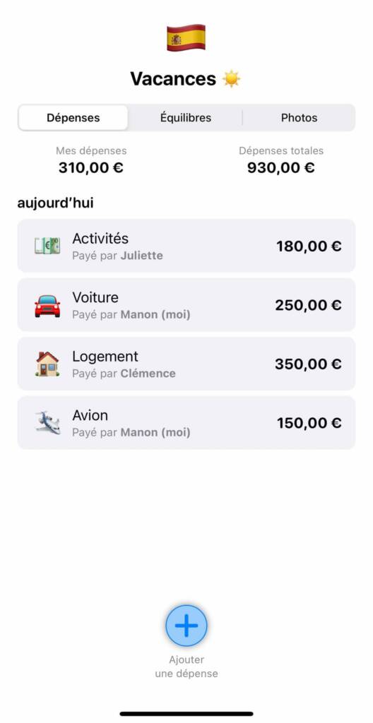 Capture d'écran de l'application Tricount pour gérer les dépenses lors d'un voyage entre amies.