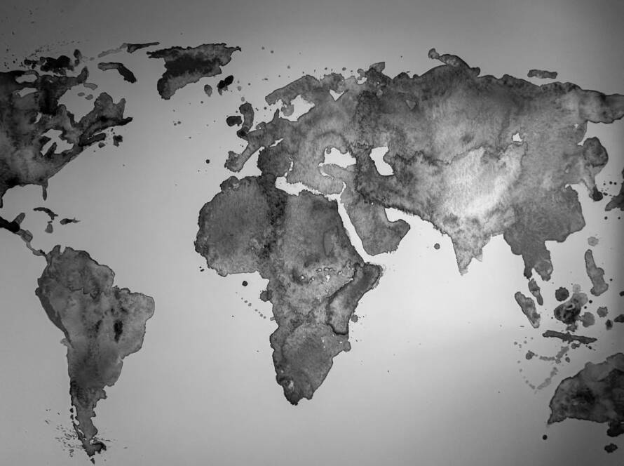 Mappemonde en aquarelle en noir et blanc