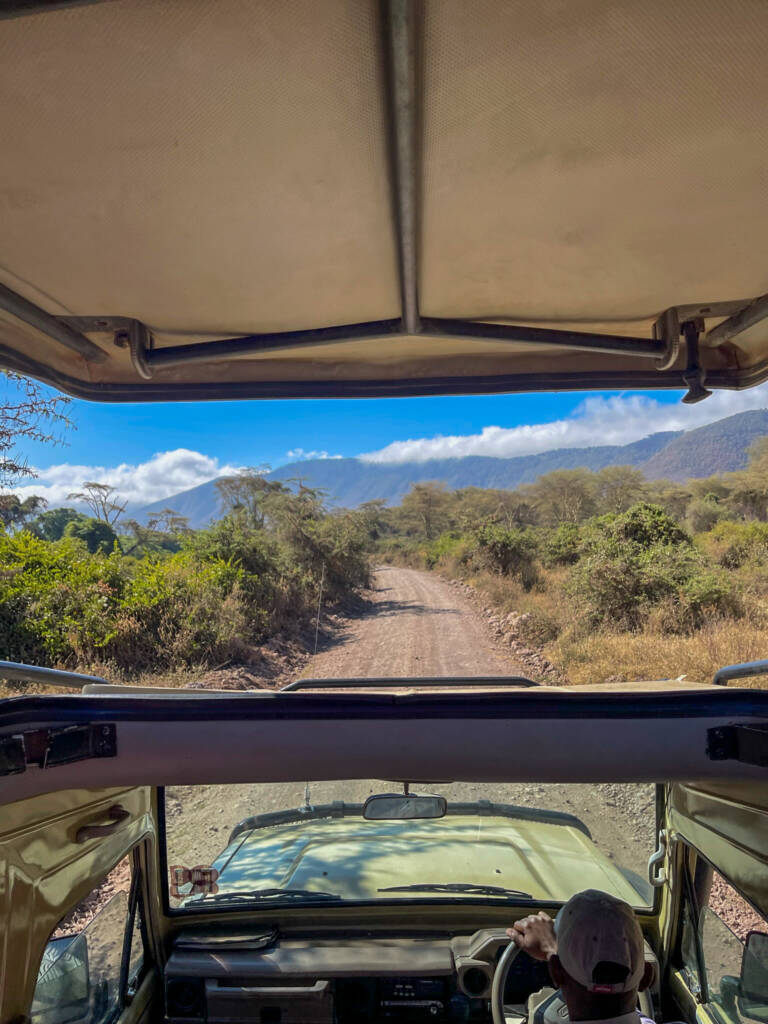 Vue de la voiture en rentrant dans le cratère de Ngorongoro en Tanzanie